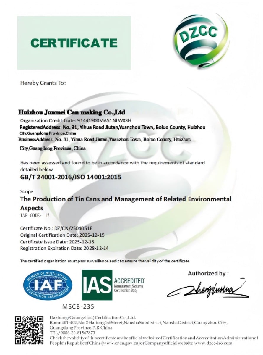 ISO 14001 certificate cover supplied by Junmei