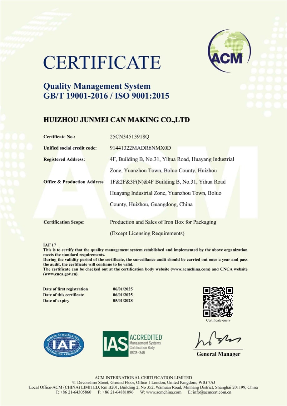 ISO 9001 certificate cover supplied by Junmei