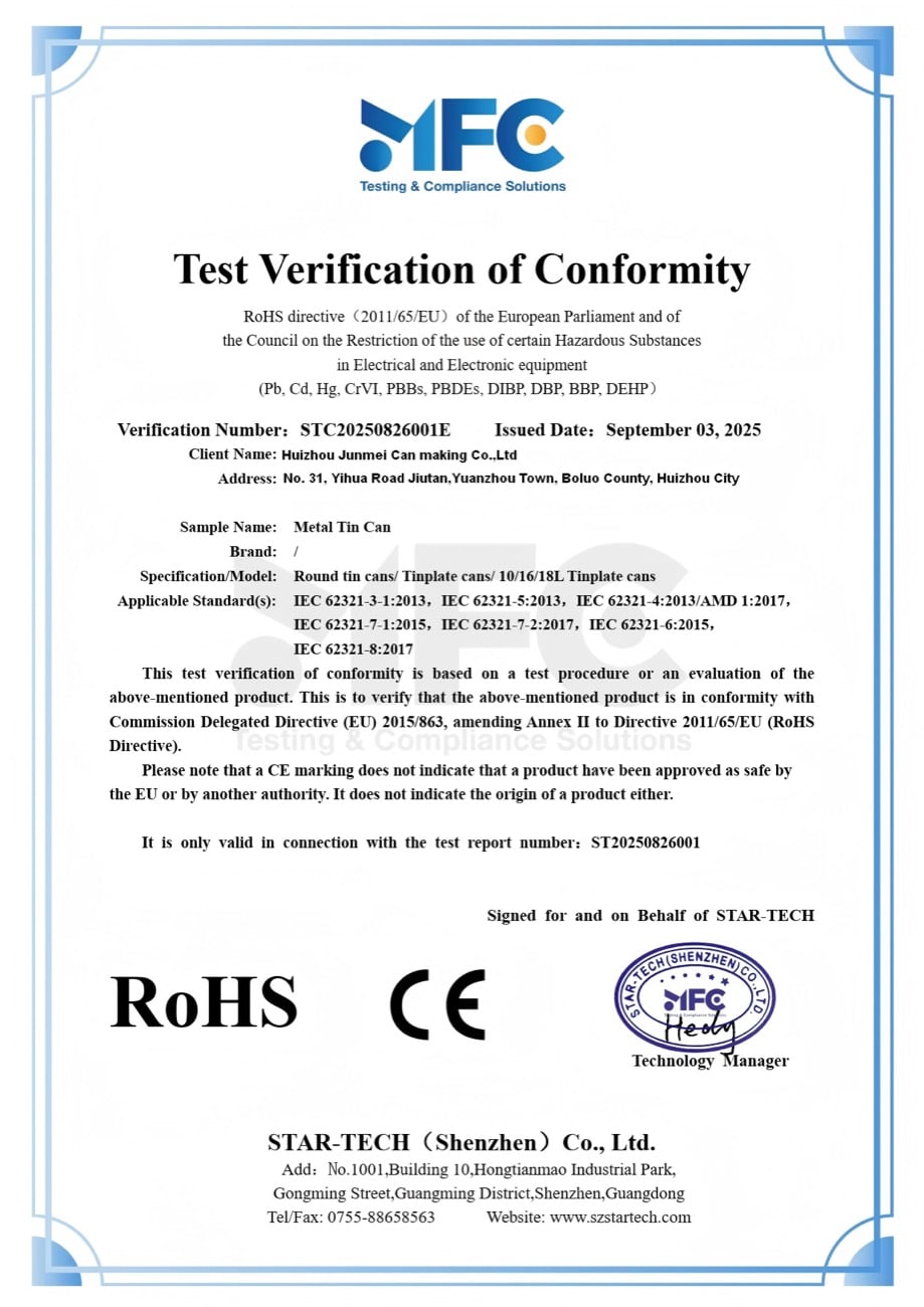RoHS report cover supplied by Junmei