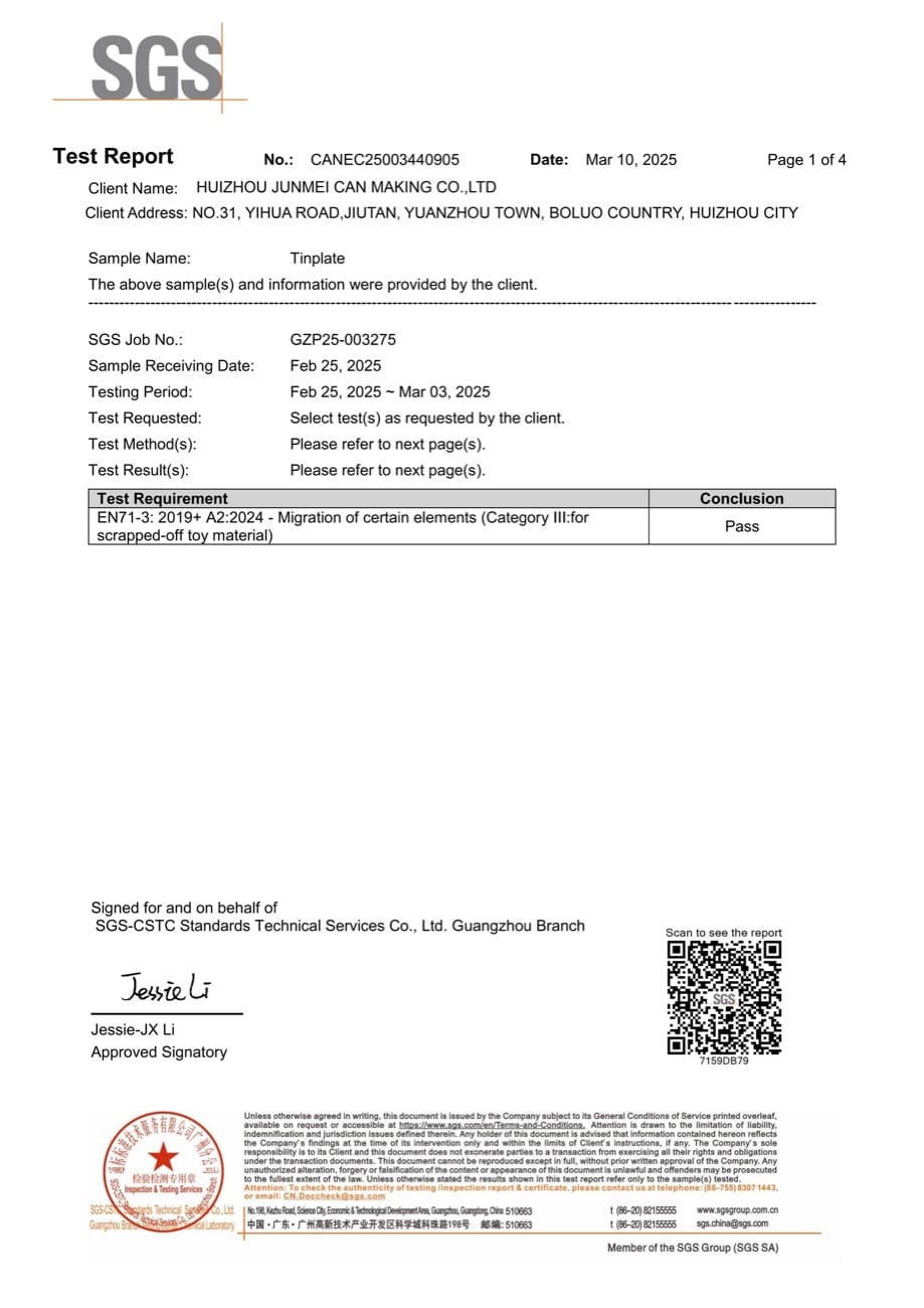 SGS EN 71 report cover supplied by Junmei