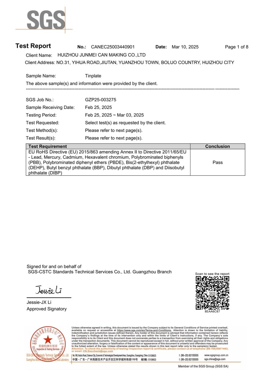 SGS RoHS report cover supplied by Junmei