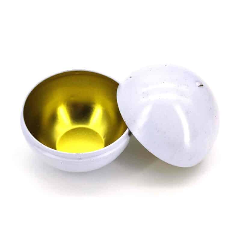 Open white spherical tin showing a gold interior finish from Junmei's product library