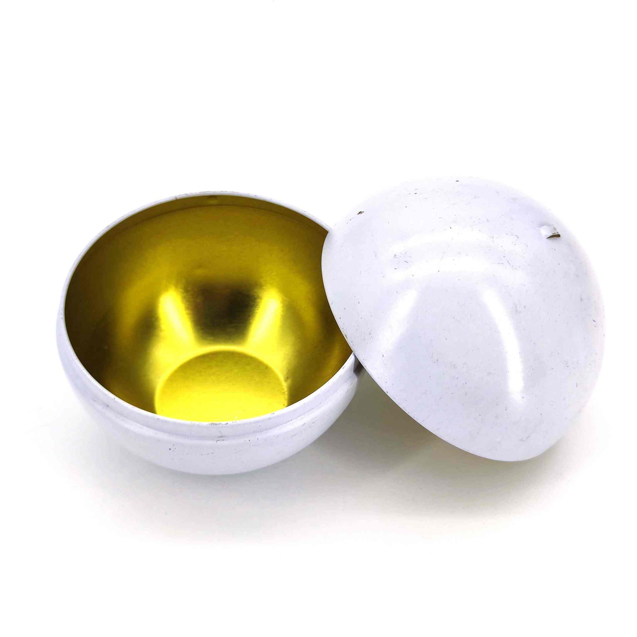 Open white spherical tin showing a gold interior finish from Junmei's product library