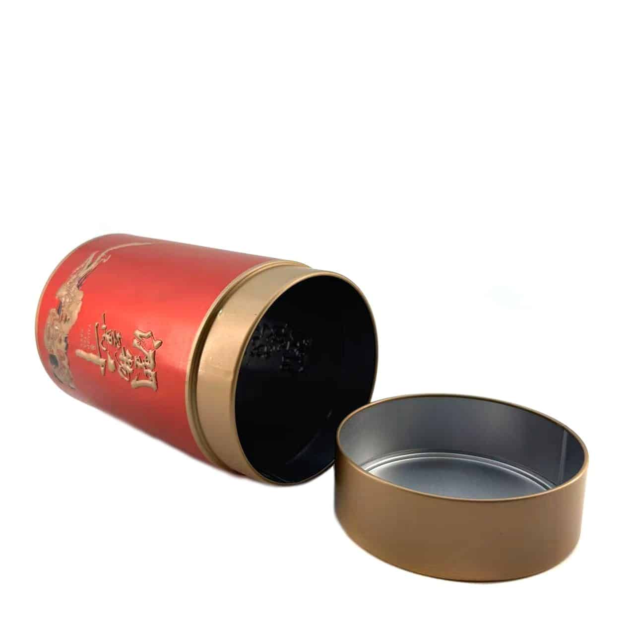 Open red and gold cylindrical tin from Junmei's product library