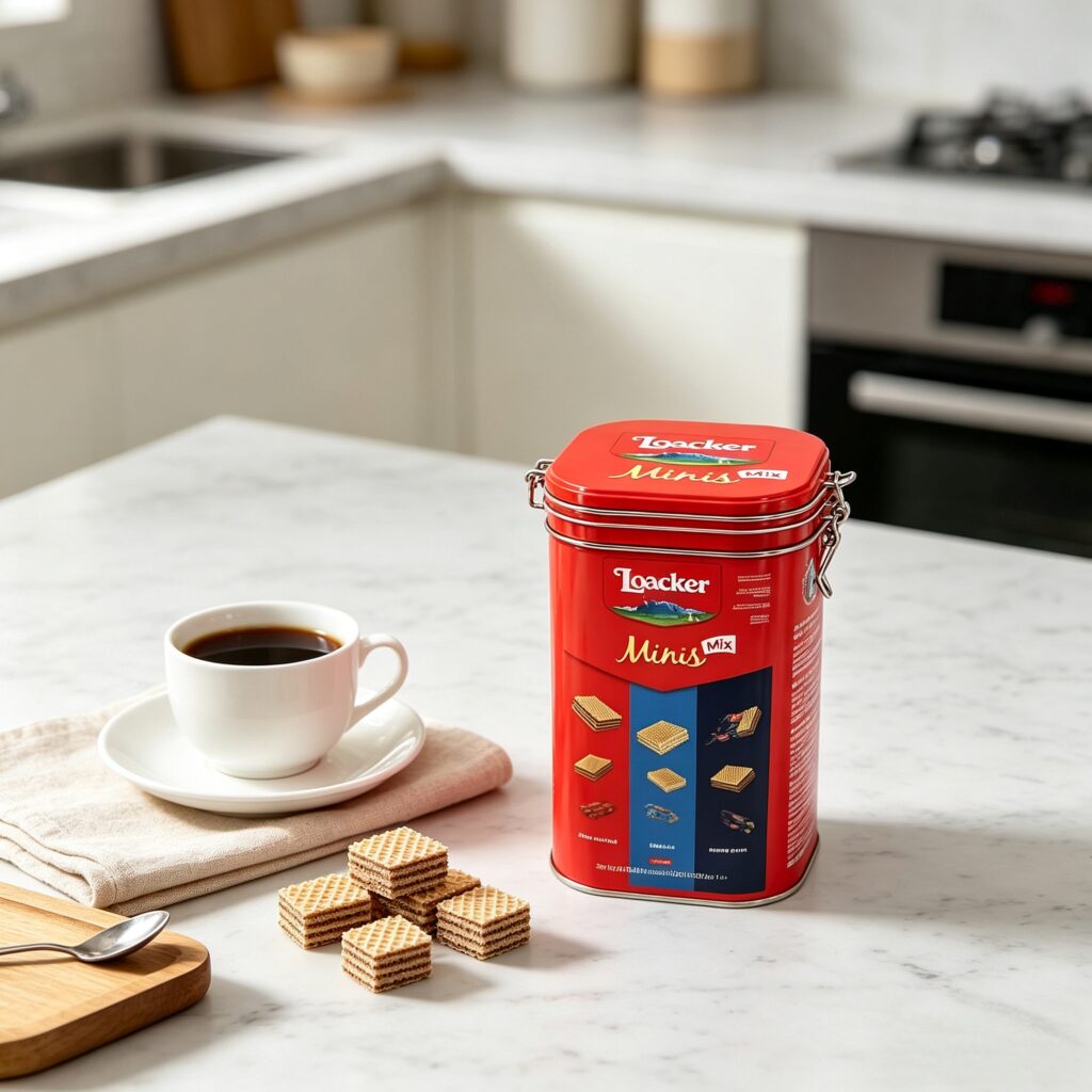 Tall red Loacker wafer tin with a metal clamp lid in a kitchen setting