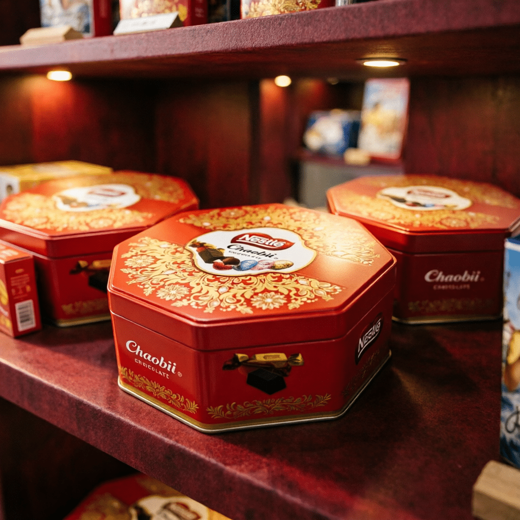 Red and gold hexagonal Nestlé confectionery tins displayed in retail