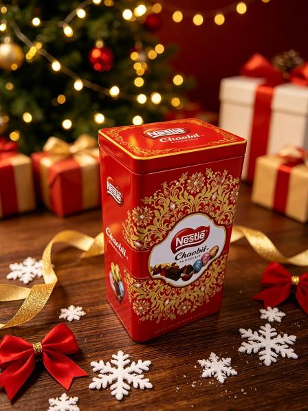 Red and gold Nestlé confectionery tin in a seasonal gift setting