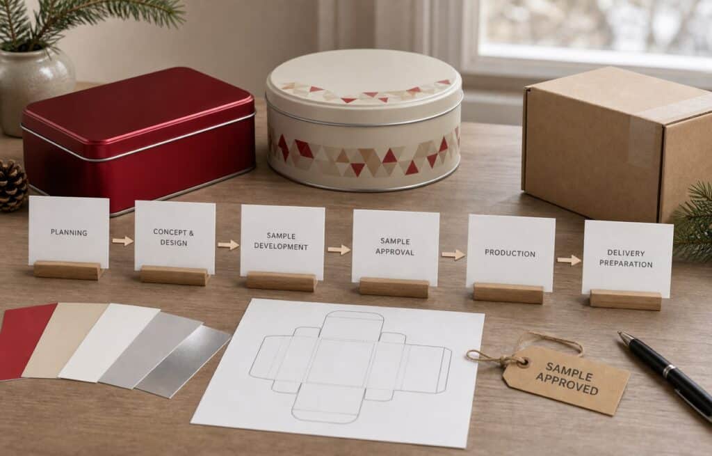 Conceptual seasonal tin packaging planning timeline