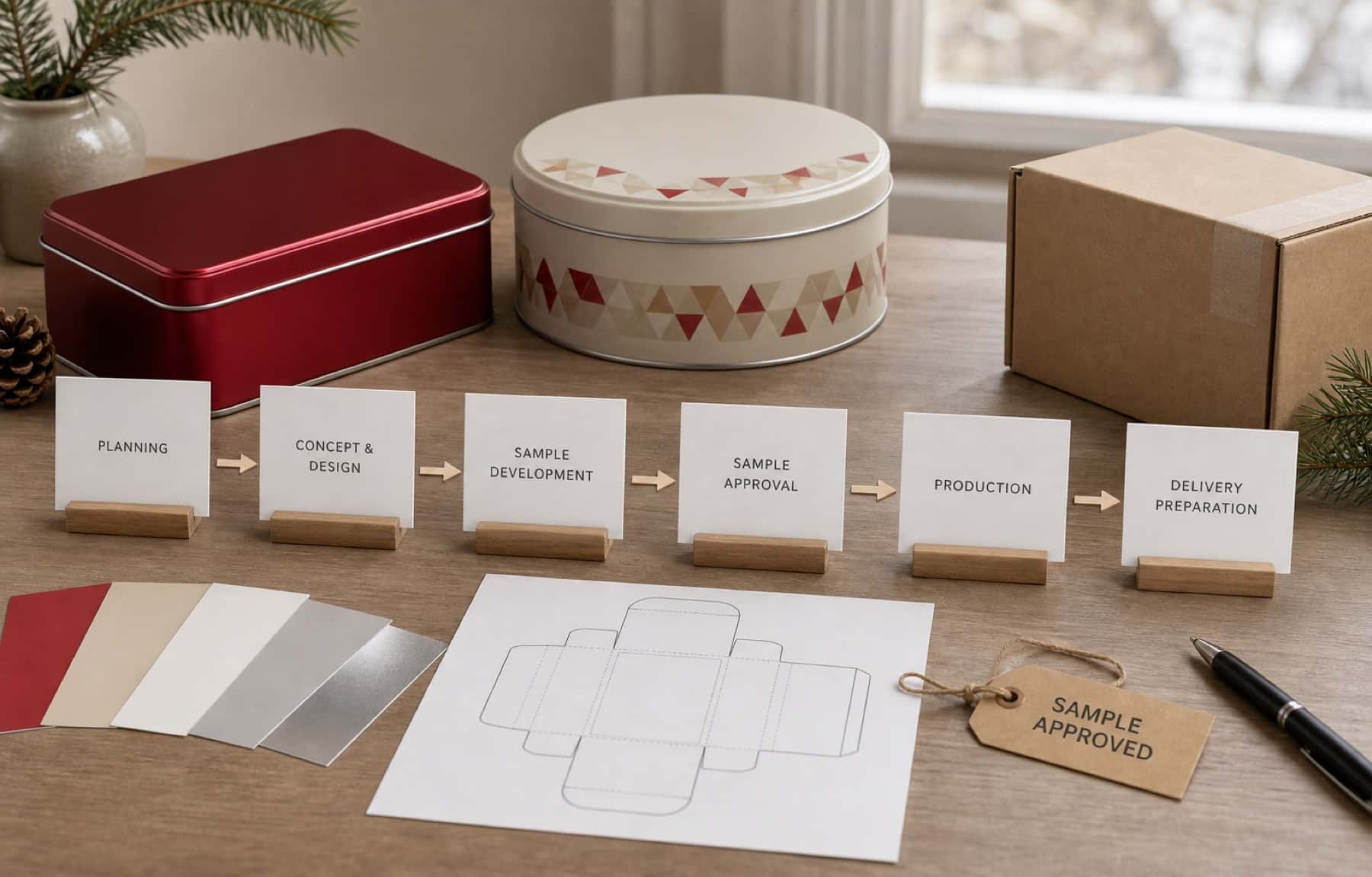 Conceptual seasonal tin packaging planning timeline