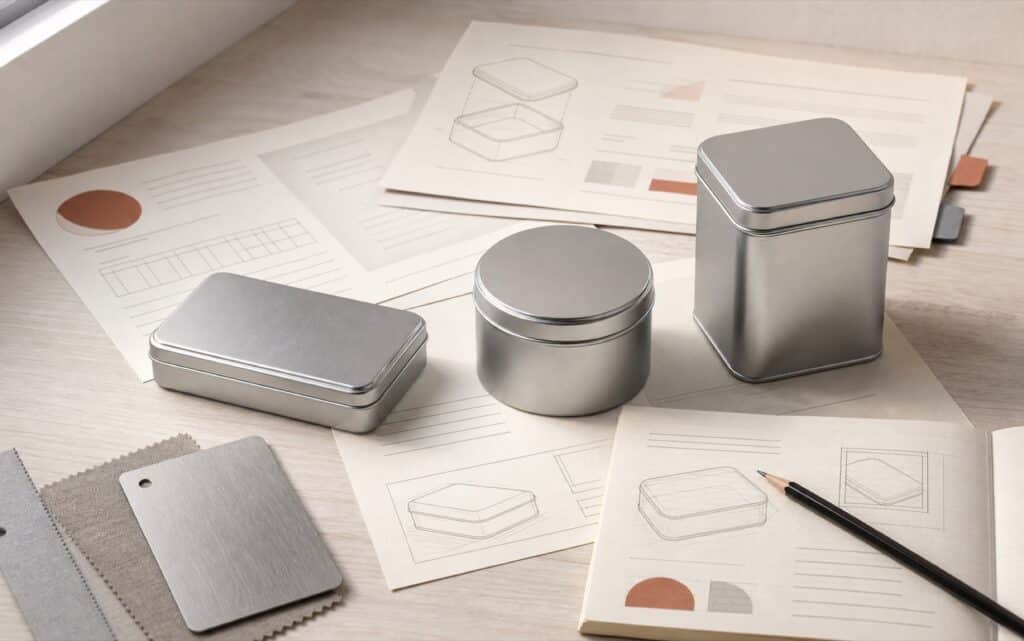 Conceptual editorial desk with blank tin samples and packaging planning diagrams