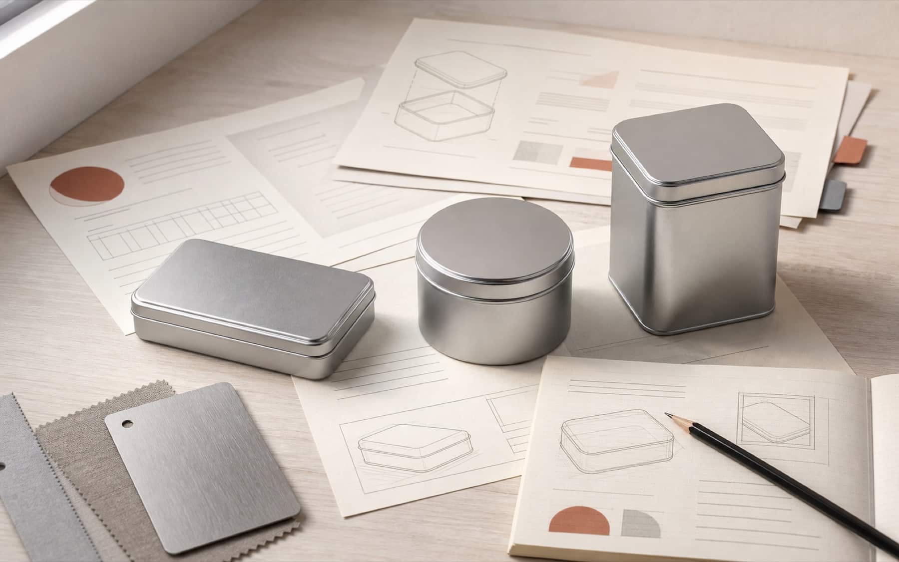 Conceptual editorial desk with blank tin samples and packaging planning diagrams