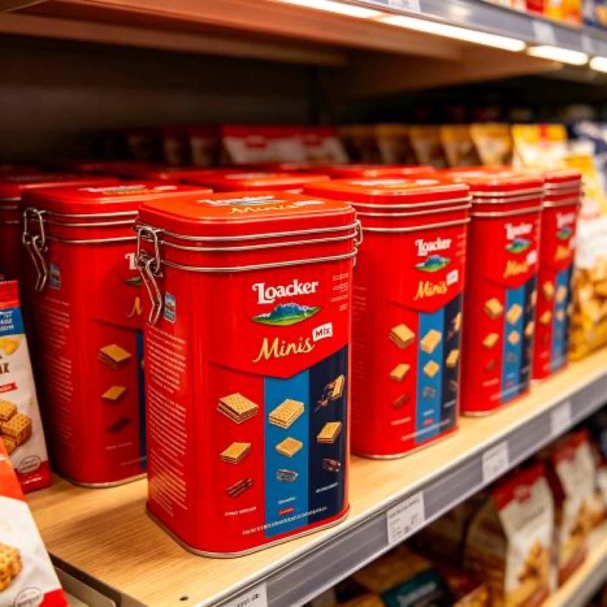 Loacker tins from a confirmed Junmei collaboration shown in retail context