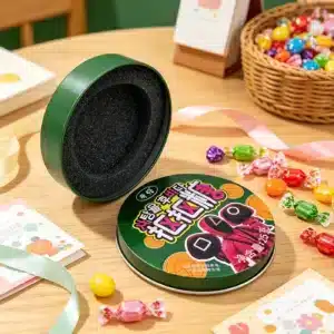 Round Novelty Candy Tin — Candy Packaging Reference JM-CAN-001