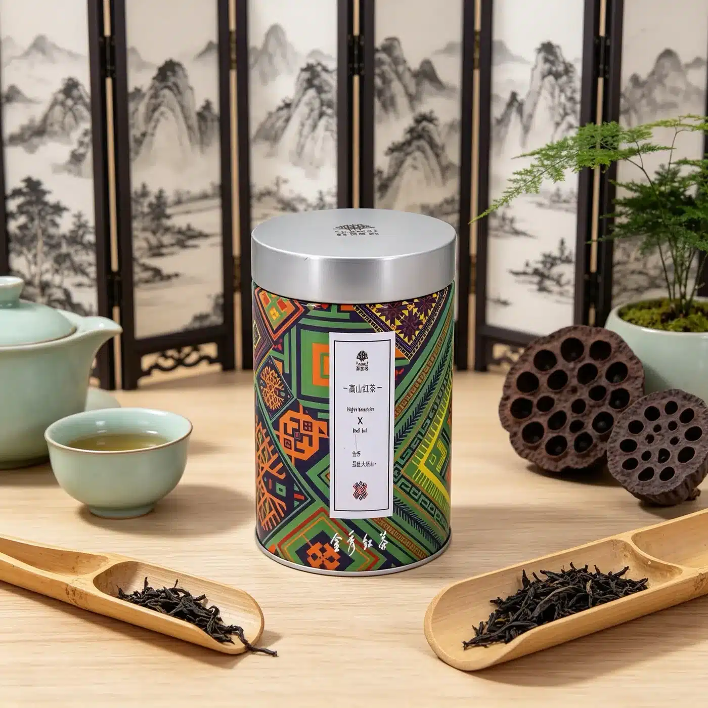 Round Tea Tin Canister — Tea Packaging Reference JM-TEA-002