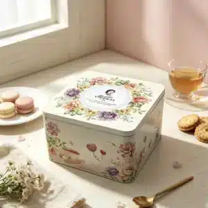 Square Floral Cookie Tin — Cookie Packaging Reference JM-COO-003