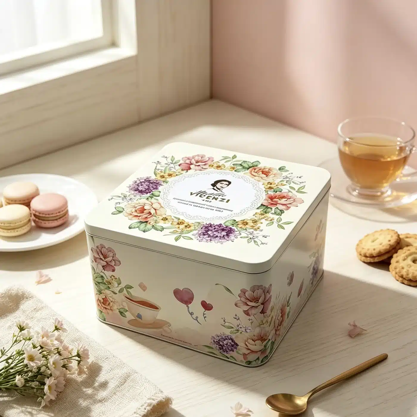 Square Floral Cookie Tin — Cookie Packaging Reference JM-COO-003