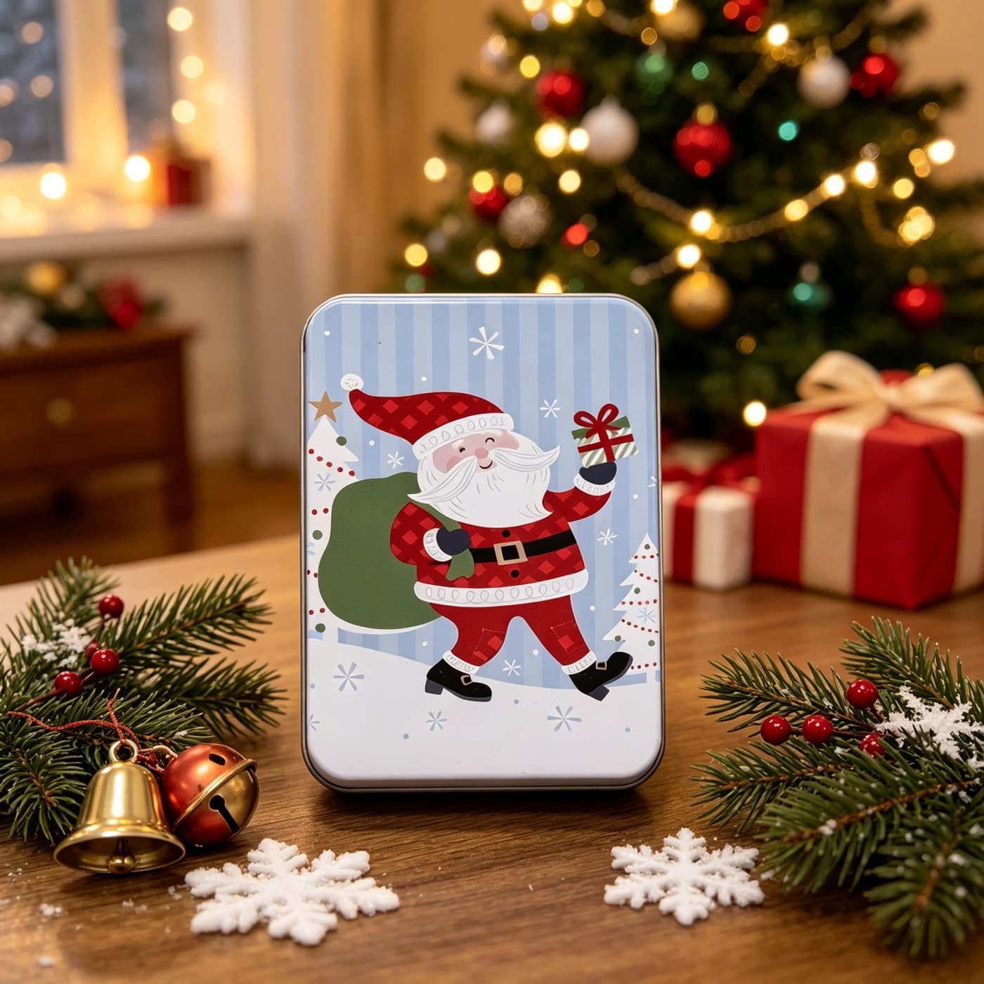 Christmas Santa gift tin shown in a seasonal presentation setting