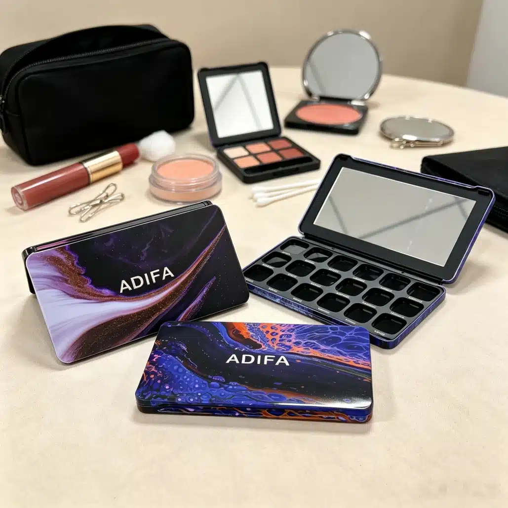 Closed and open ADIFA palette tins in a styled setting