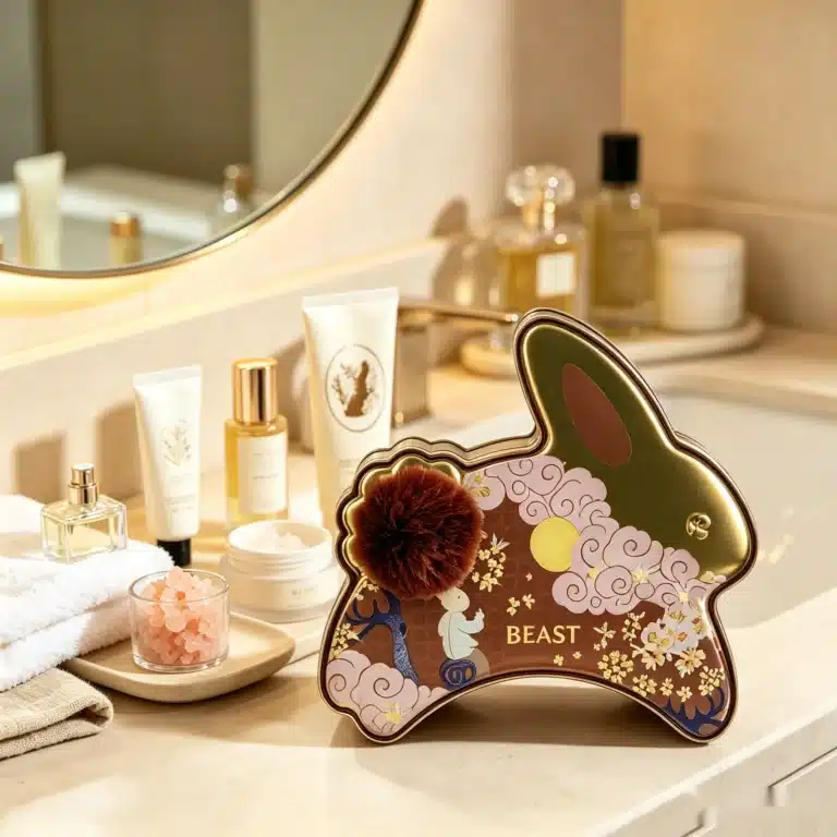 BEAST rabbit-shaped skincare gift tin with an AI-enhanced background