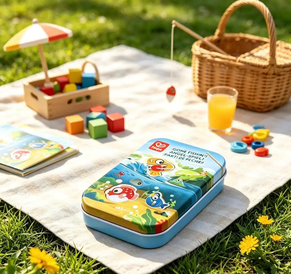 Hape game tin in a styled outdoor setting
