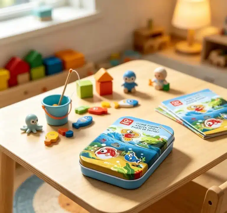 Hape fishing-game tin in a styled playroom setting