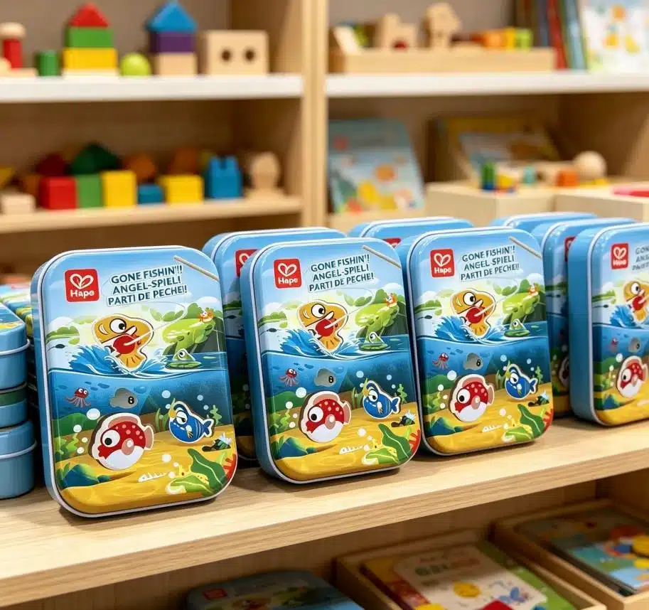 Hape game tins in a styled display