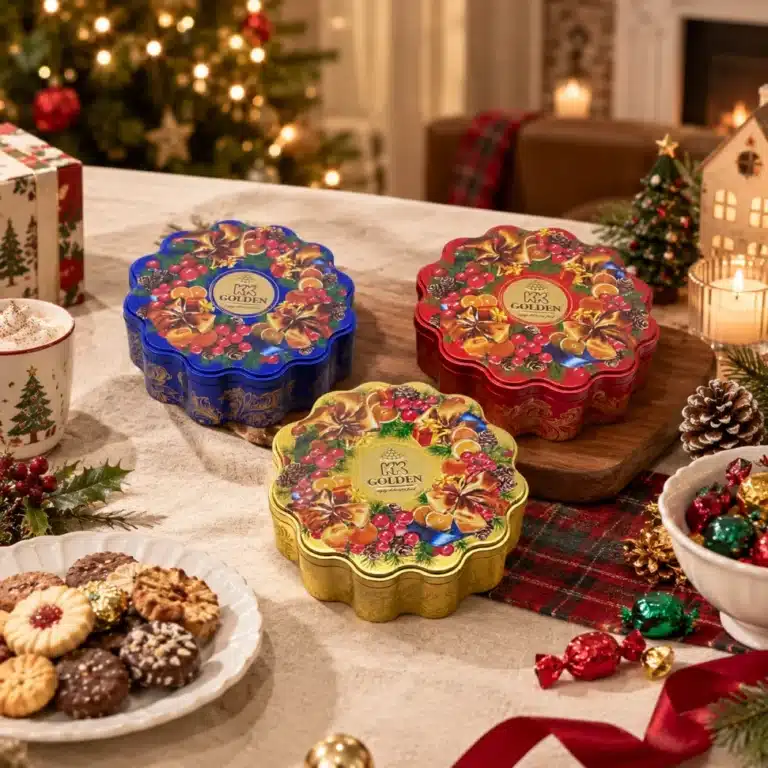 Red, blue and gold-coloured KK Golden tins