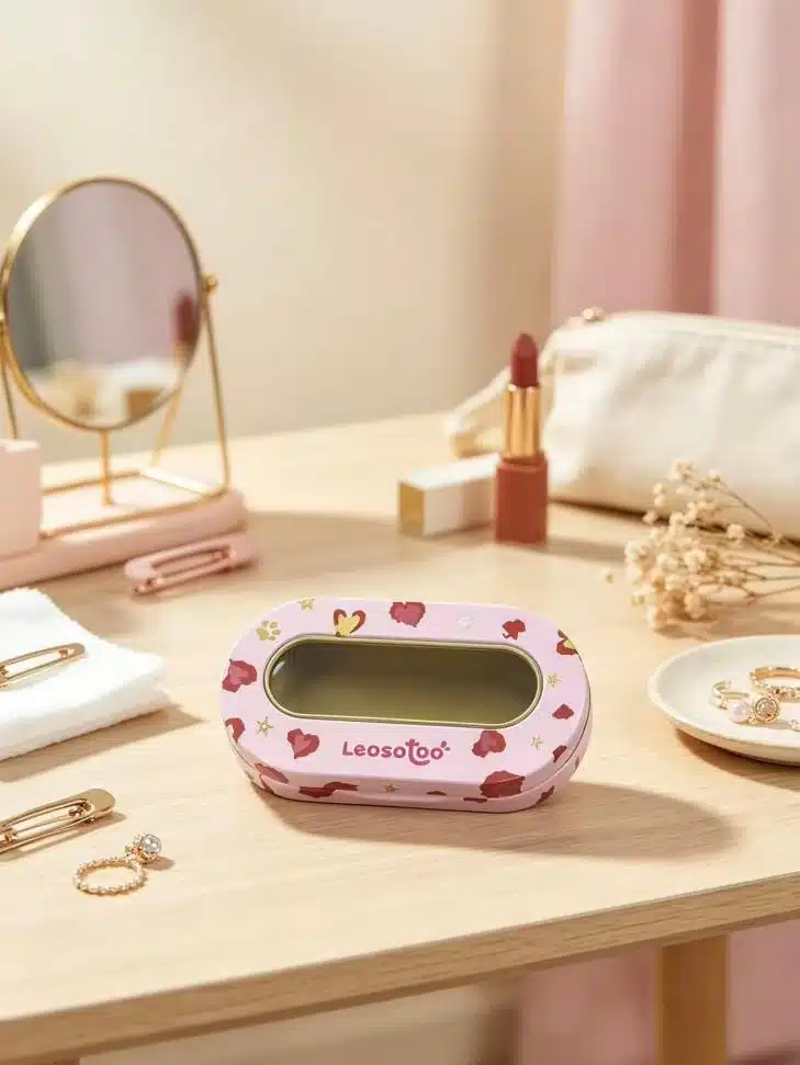 LEOSOTOO windowed cosmetics tin in a styled setting