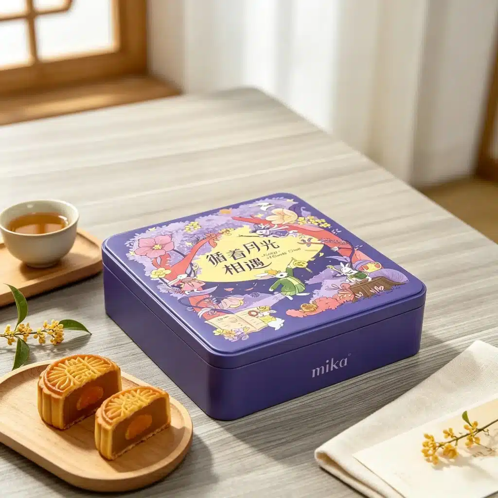 Purple MIKA mooncake gift tin in a styled setting