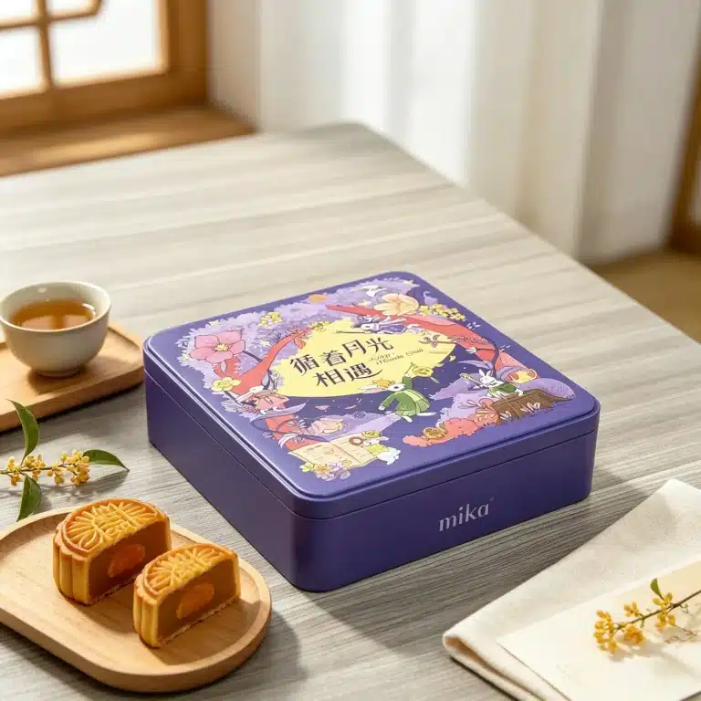 Purple MIKA mooncake gift tin in a styled setting