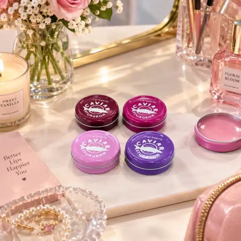 Pink and purple x·y=beauty tins in a styled setting